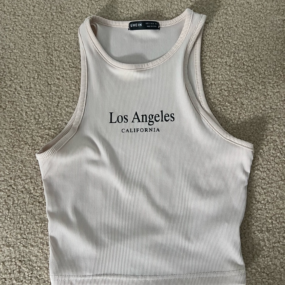 SHEIN White Ribbed Tank Top with Los Angeles Print